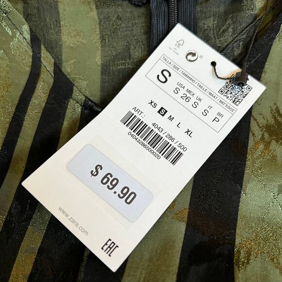 NWT Zara Woman Green & Black Stripe Print Faux Wrap Tie Front Dress - Small - Picture 4 of 15